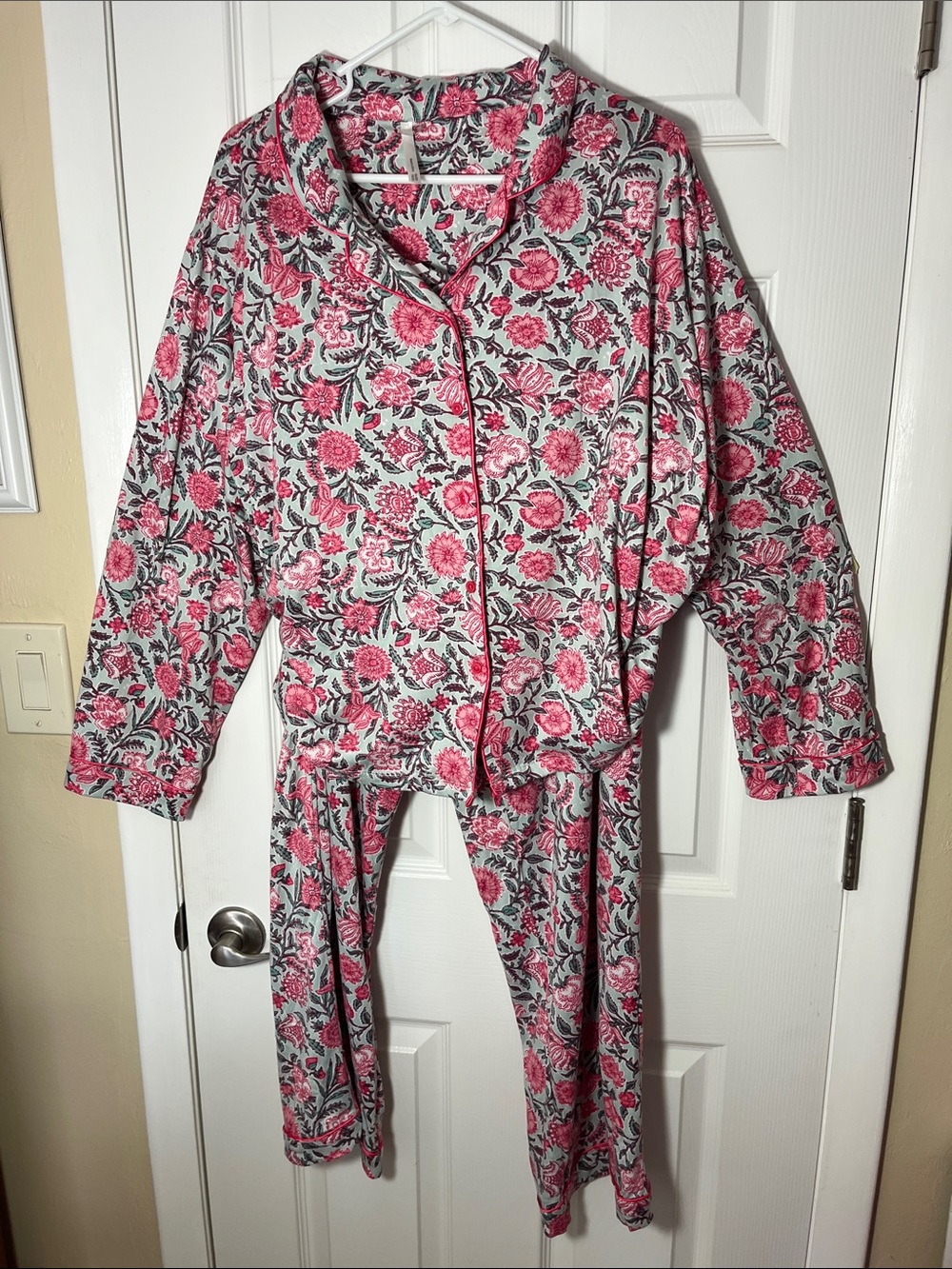 Flora Nikrooz floral pajama set button long sleeve drawstring pant pink sage XXL